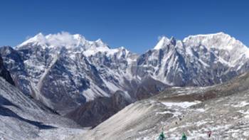 Views across to the Annapurna mountain range from Larkya La Pass